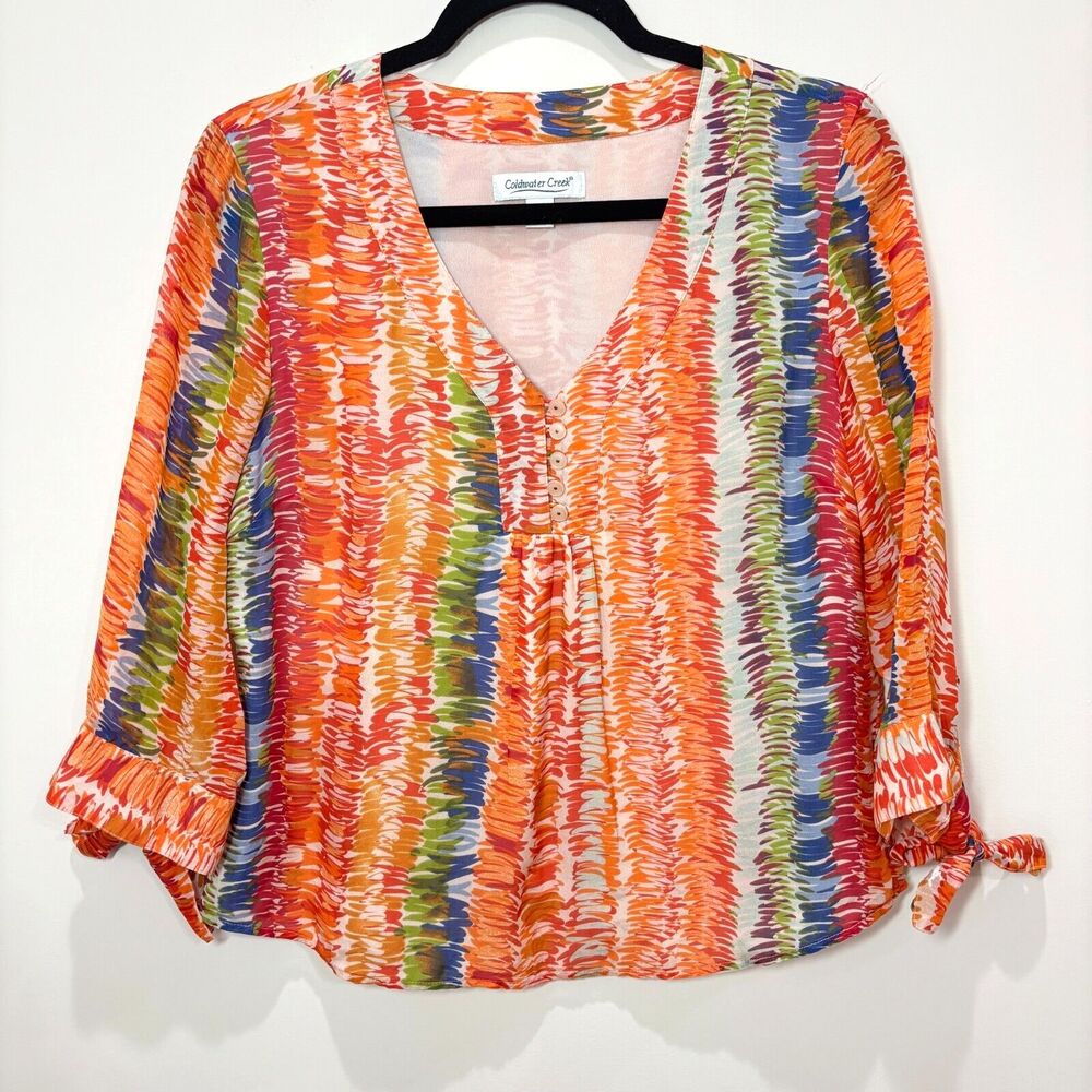 Coldwater Creek Silk Blouse Orange Rainbow Top Pm… - image 1